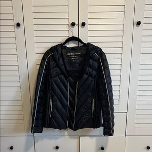 BCBGeneration Black Puffer Jacket with Asymmetrical Zipper and Wide Lapel Collar